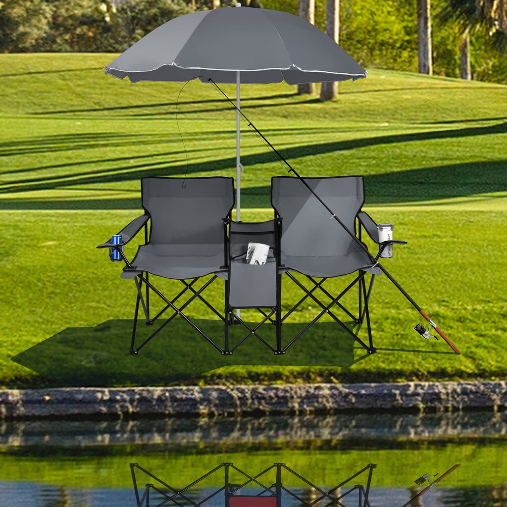 Double Folding Camping Loveseat Chairs With Umbrella, Mini Table And Cooler Bag