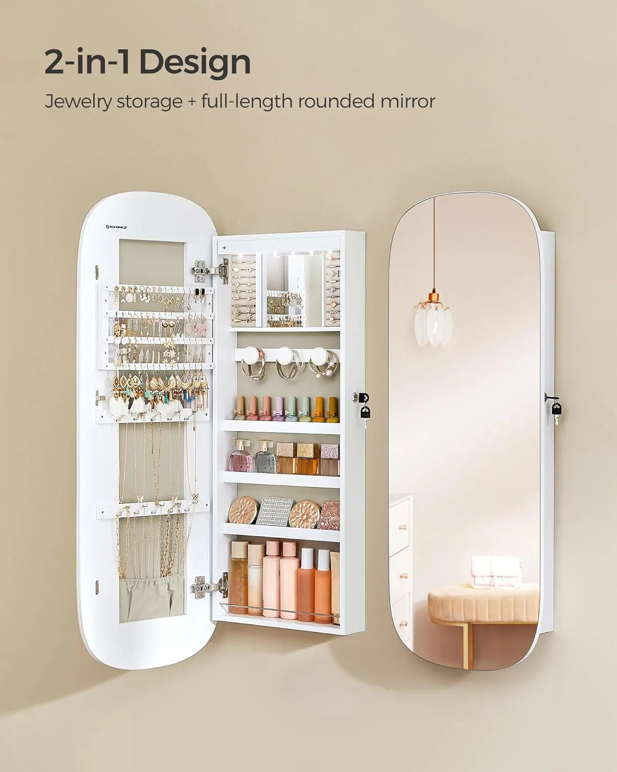 LED Wall-Mounted Jewelry Organizer Cabinet With Mirror - 3.9 in D x 16.5 in W x 42.5 in H