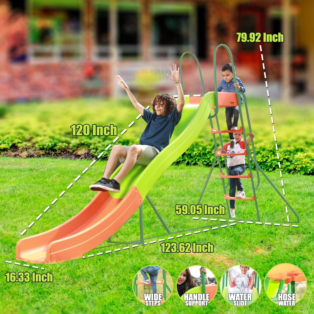 SLIDEWHIZZER Outdoor Playset Slide Climber, 10 ft, Orange Green - Kids Slide