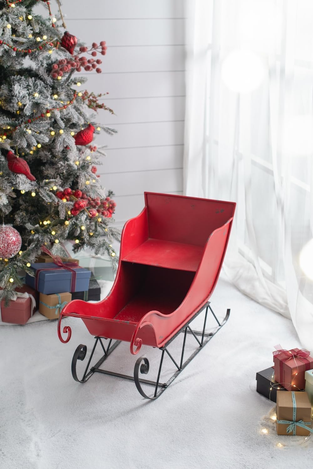 Christmas Sleigh Outdoor Decoration, Large Red Iron, 39 in - Sleigh-L