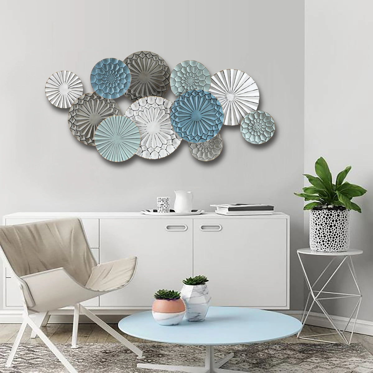 Metal Floral Wall Decor, 24.8 in H x 48.03 in W x 2.56 in D, Blue White Gray