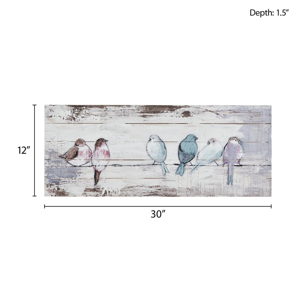 Hand-Painted Perched Birds Wood Plank Wall Decor, Reclaimed Gray, 30in W x 12in H x 1.5in D