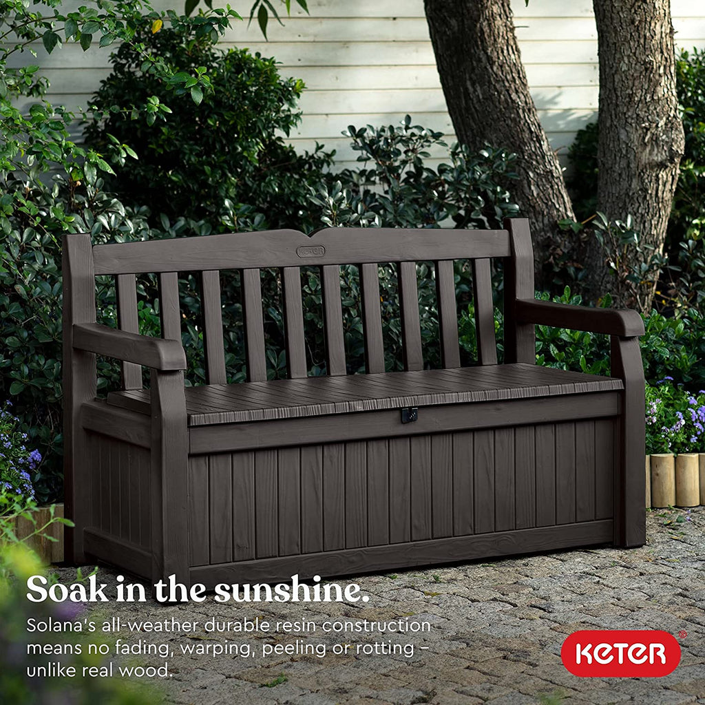 Keter Solana Storage Bench Deck Box, 70 Gallon, Brown, 54.6 x 23.4 x 32.8 in - Solana 70 Gallon Storage