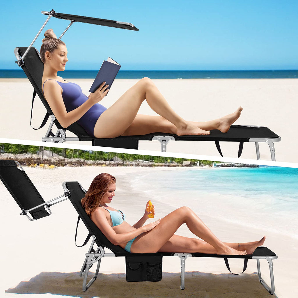 Folding Lounge Chair with Canopy, Storage Pocket, and 5 Adjustable Positions