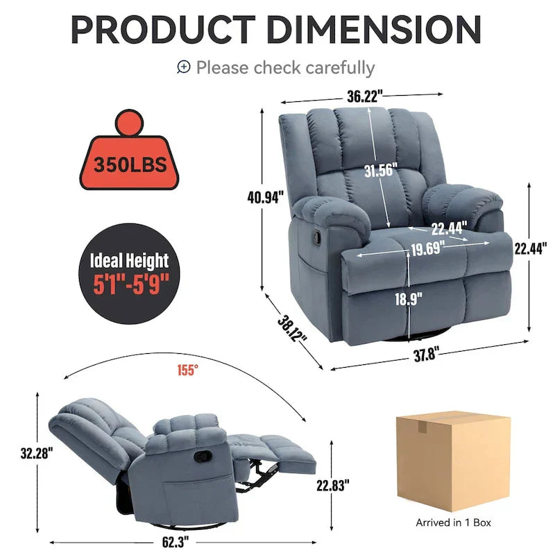 Lazy Boy Oversized Fabric Swivel Rocking Manual Recliner Chair, 37.8L*38.2W*41H, 155 Degrees