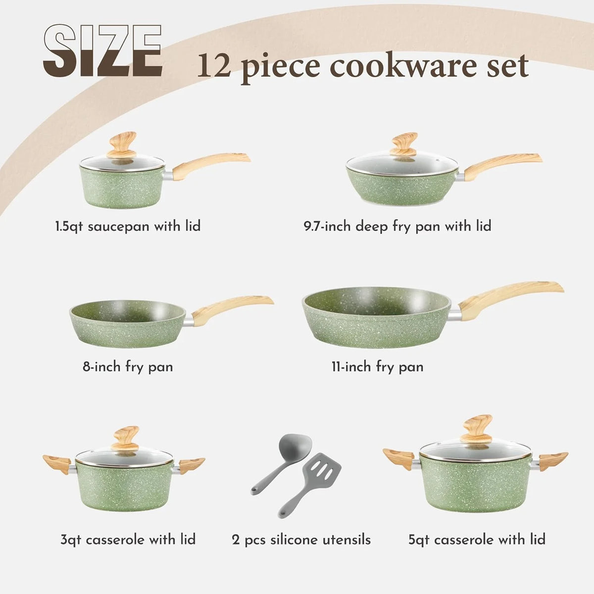 Kitchen Academy 12 Piece Green Granite Nonstick Induction Cookware Set - KA-CS01