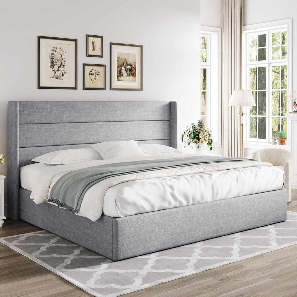 Queen Size Lift-Up Storage Bed With Wingback Headboard, Upholstered Platform Bed Frame With Hidden Storage