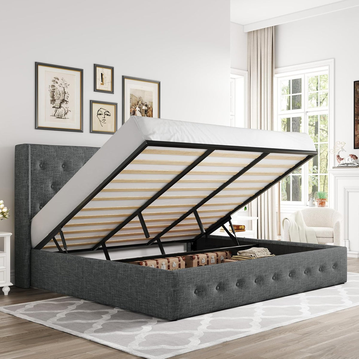 Queen Size Lift-Up Storage Bed With Wingback Headboard, Upholstered Platform Bed Frame With Hidden Storage
