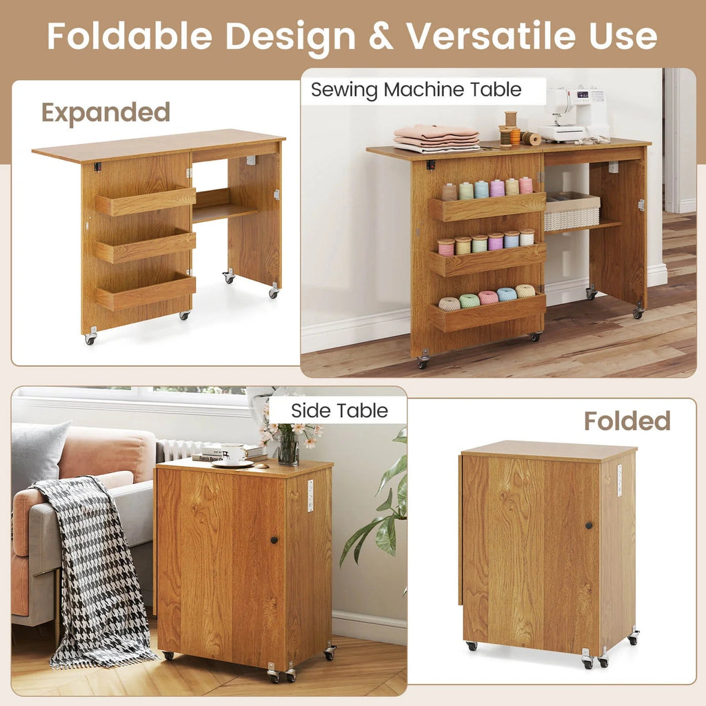 Costway Folding Sewing Table With 3 Storage Bins And Charging Station, Natural