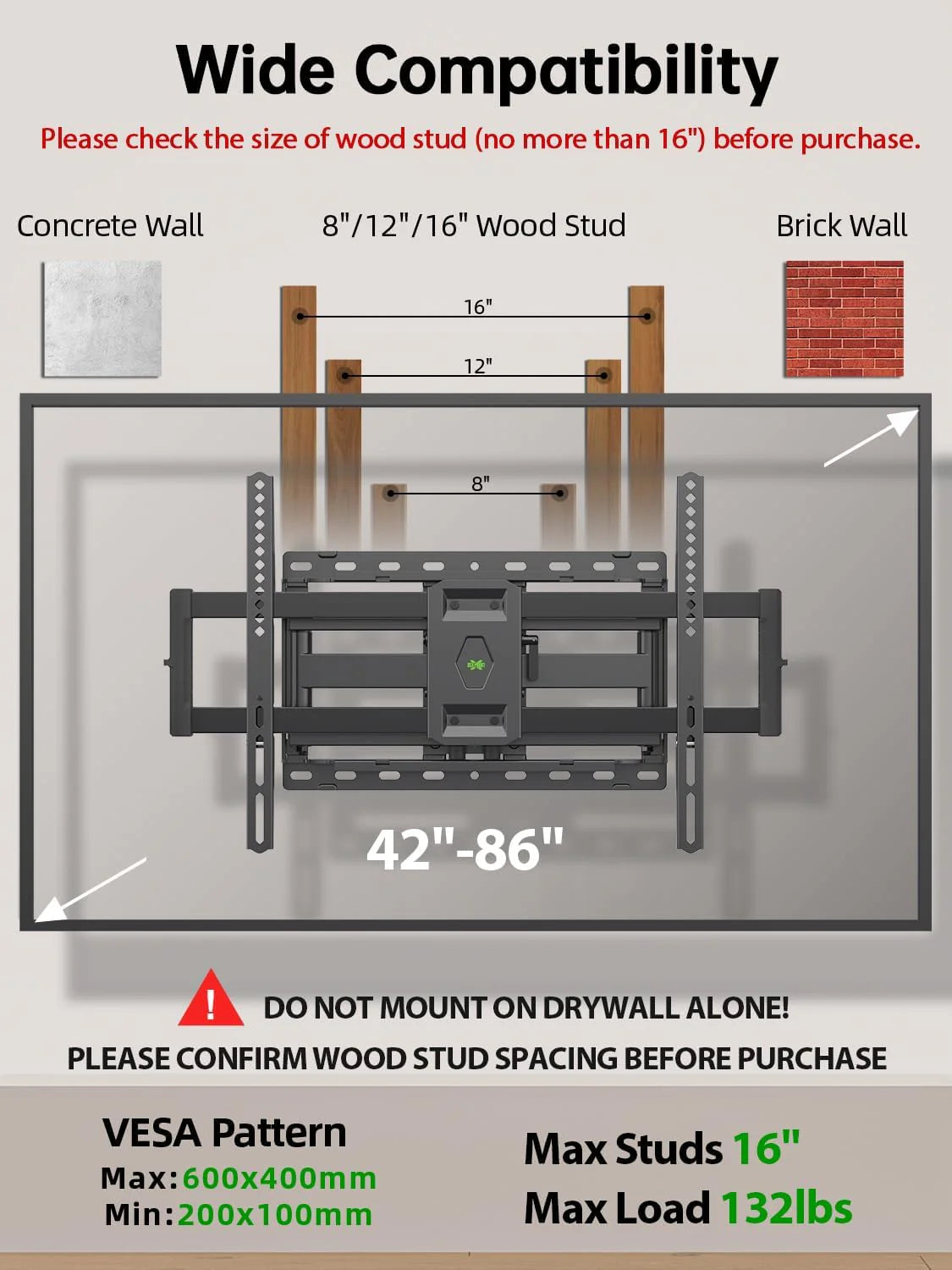 TV Wall Mount for Most 42-86 Inch Flat Screen TVs, 132 lbs - Full-Motion Swivel Tilt Bracket