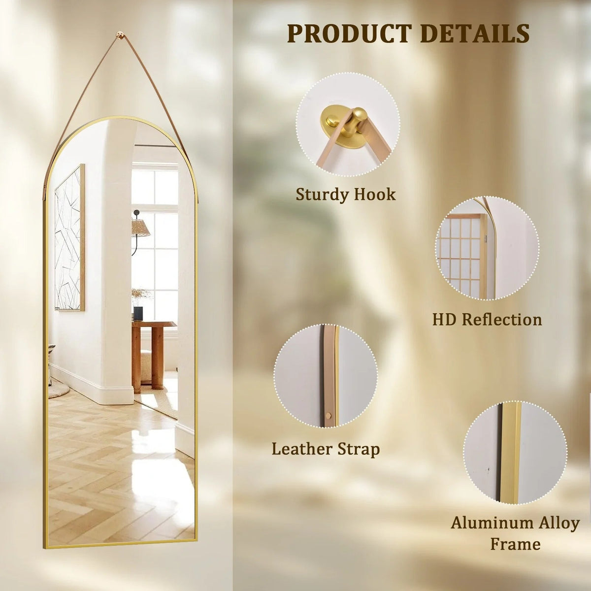 Full Length Wall Mirror, 48 x 16 Inch, Black, Leather Strap