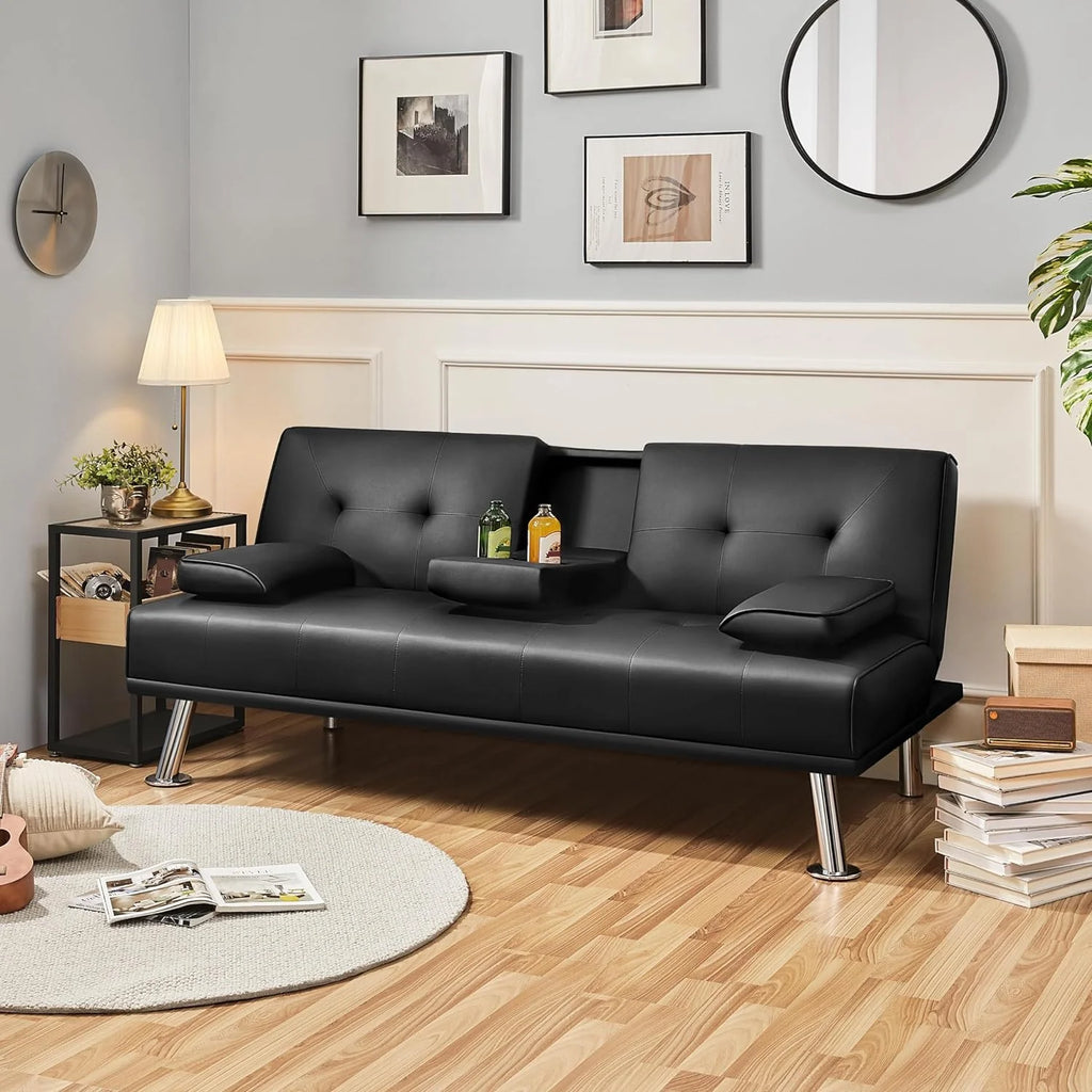 Yaheetech Convertible Faux Leather Sofa Bed, 3 Angles, 772lb Capacity, Black