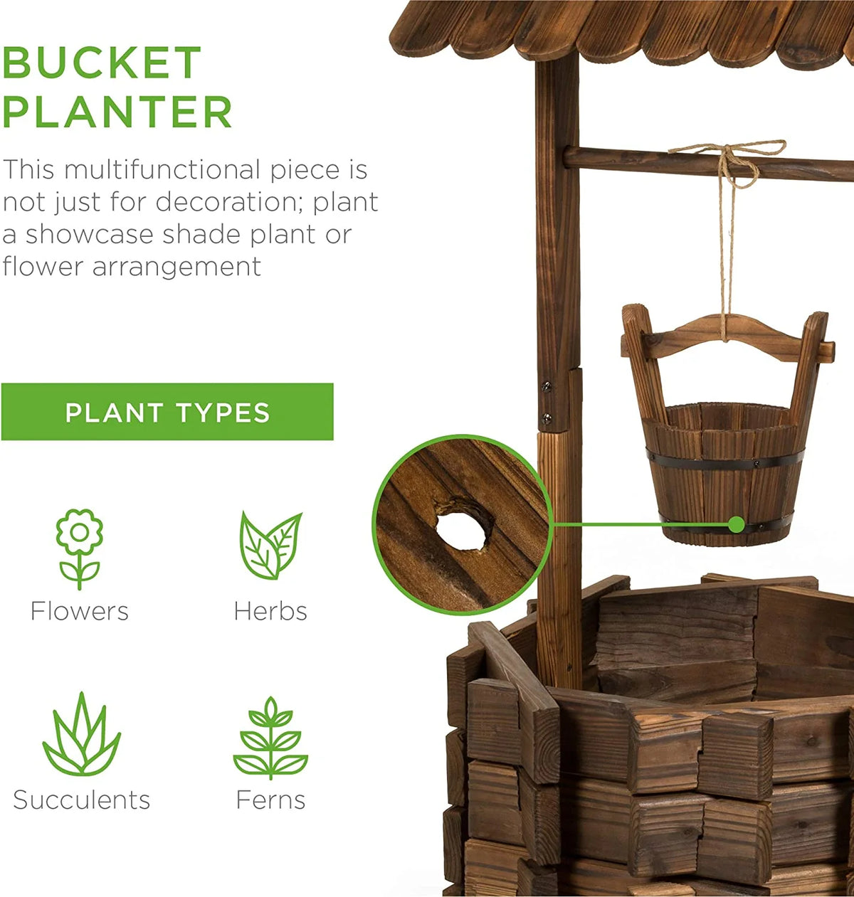 Best Choice Products Rustic Wooden Wishing Well Planter With Hanging Bucket - 21.5 x 21.5 x 45.5 in