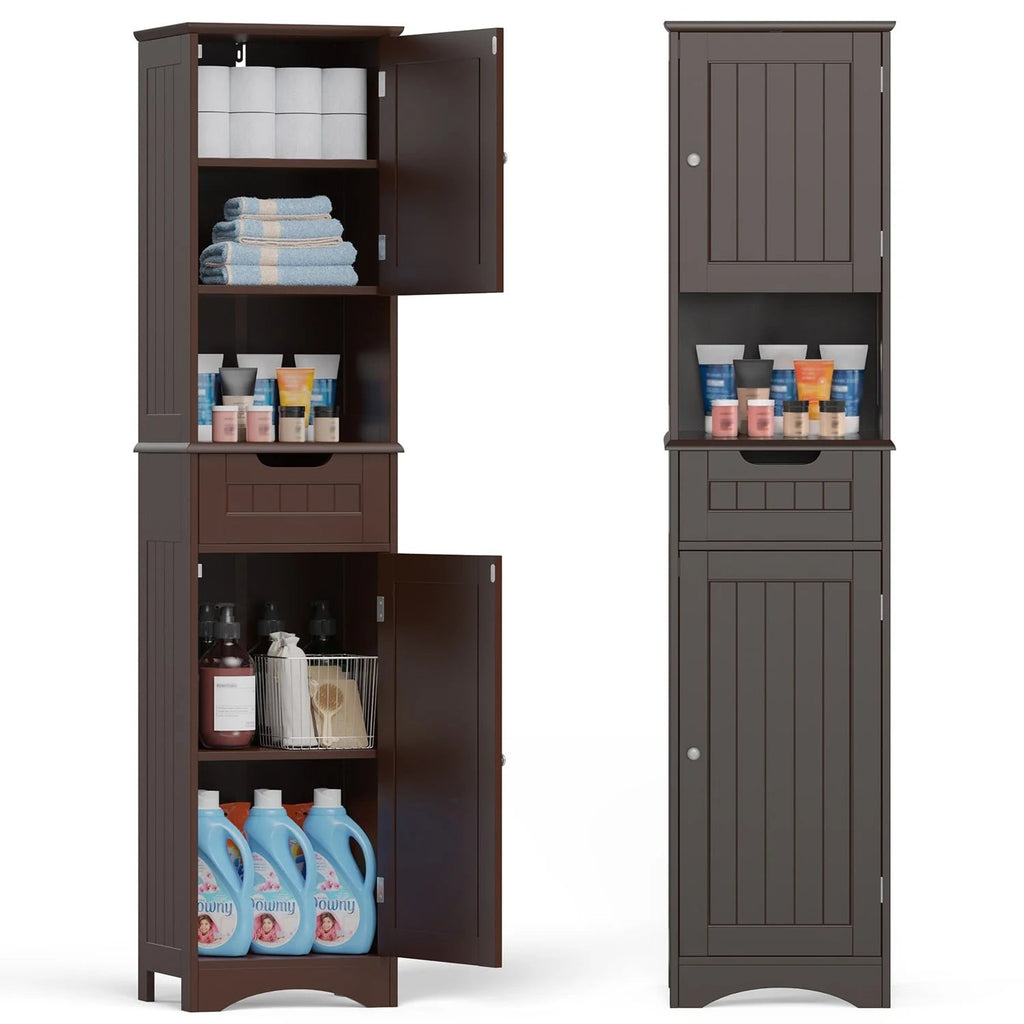 67 Inch Tall Narrow Bathroom Linen Storage Cabinet, 5-Tier Solid Wood Freestanding