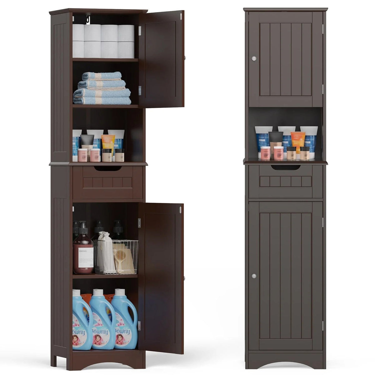 67 Inch Tall Narrow Bathroom Linen Storage Cabinet, 5-Tier Solid Wood Freestanding