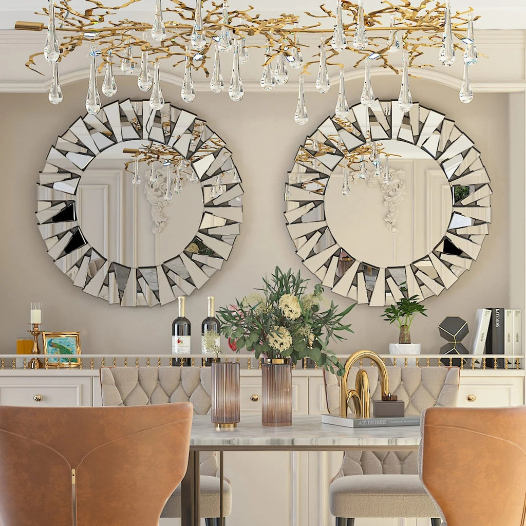 32 Inch Round Sunburst Decorative Wall Mirror, Silver Glass - 31.5 Inch