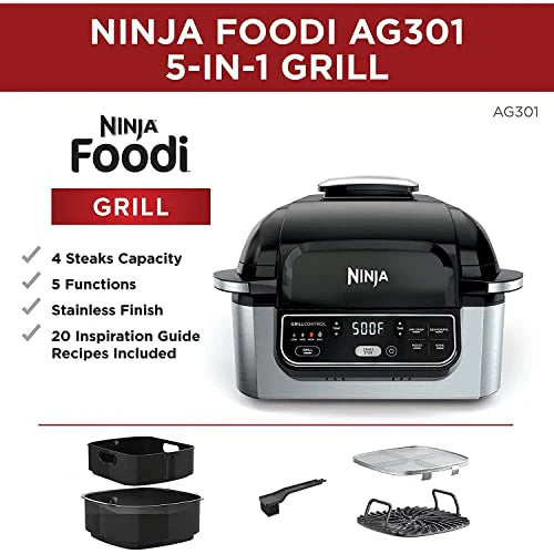 Ninja Foodi 5-in-1 Indoor Electric Grill With Air Fry, 4-qt Crisper Basket, Black/Silver - AG301