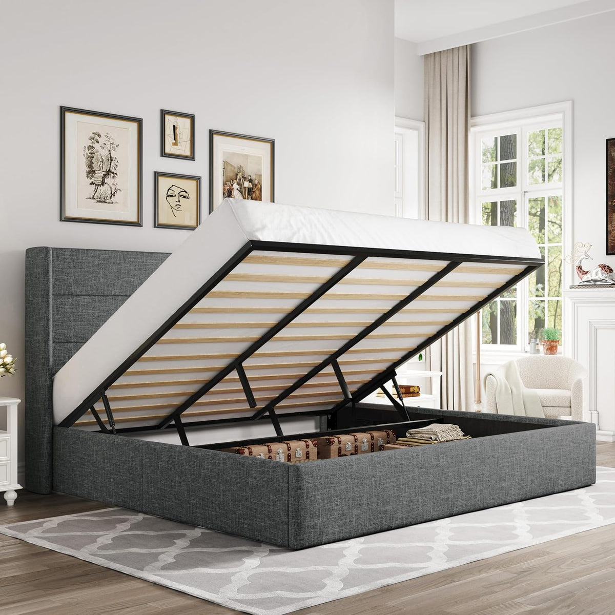Queen Size Lift-Up Storage Bed With Wingback Headboard, Upholstered Platform Bed Frame With Hidden Storage