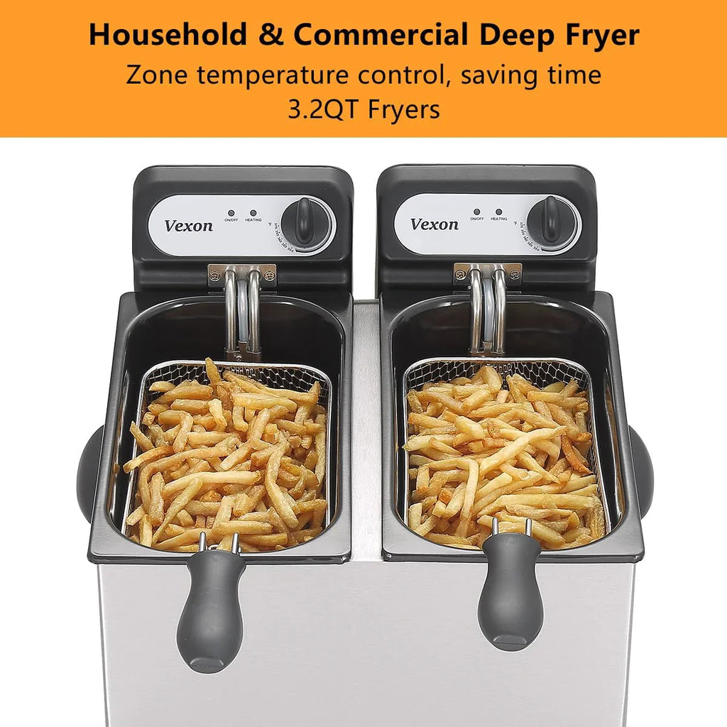 Commercial Electric Double Deep Fryer With 2 x 3L Baskets And Lids, 3000W, Stainless Steel - DF30A1N1X2