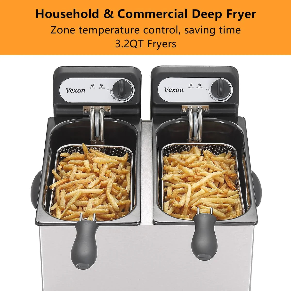 Commercial Electric Double Deep Fryer With 2 x 3L Baskets And Lids, 3000W, Stainless Steel - DF30A1N1X2