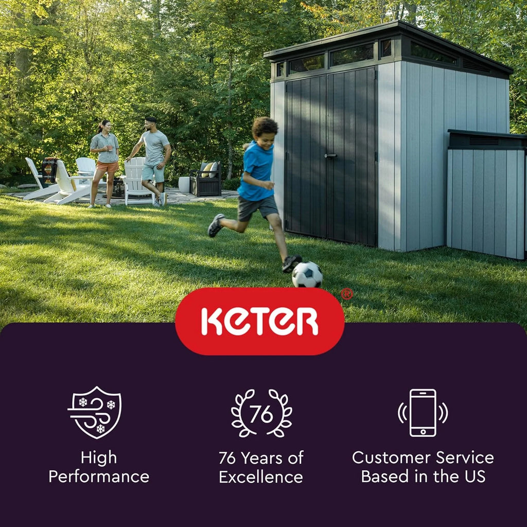 Keter Resin Outdoor Storage Shed With Floor And Locking Double Doors, Grey, 55.1 in L x 29 in W x 67.1 in H - Premier Tall