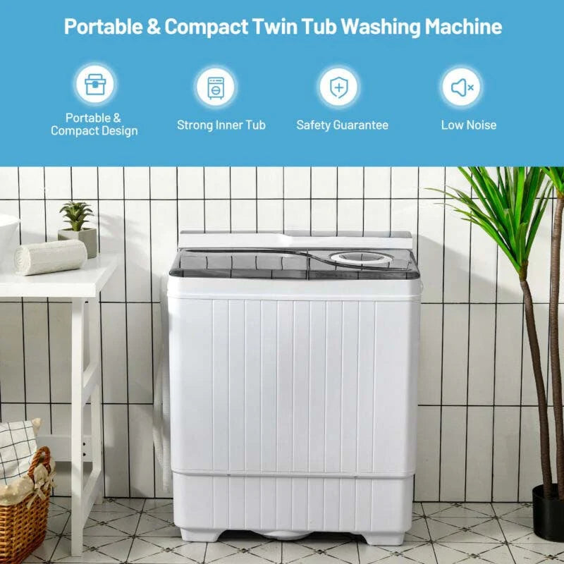 Portable Twin Tub Washer Dryer Combo With Drain Pump, 26 LBS - Blue/Gray