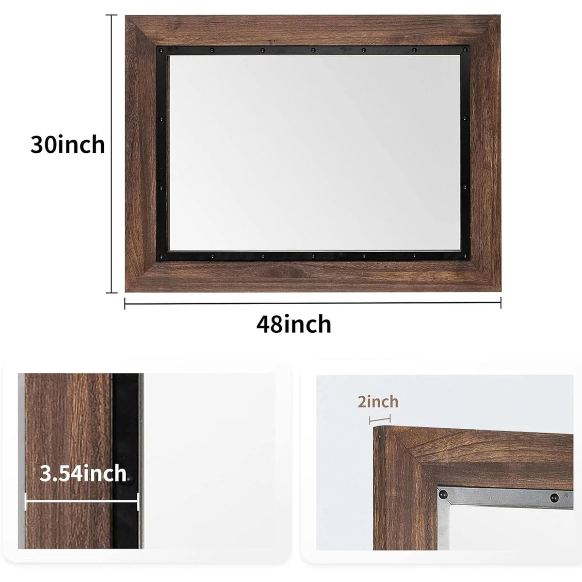 Solid Wood And Iron Framed Wall Mirror - 26 in x 18 in, 32 in x 24 in, 40 in x 26 in, 48 in x 30 in, 53 in x 28 in