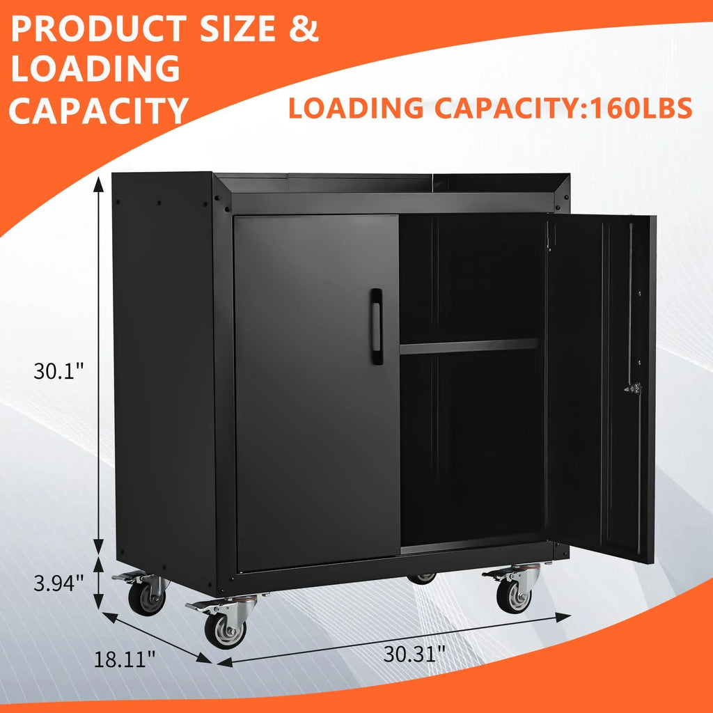 Lockable Metal Garage Storage Cabinet With Wheels, 2 Doors, 34 H X 30.3 L X 18 W - Garage Storage Cabinets