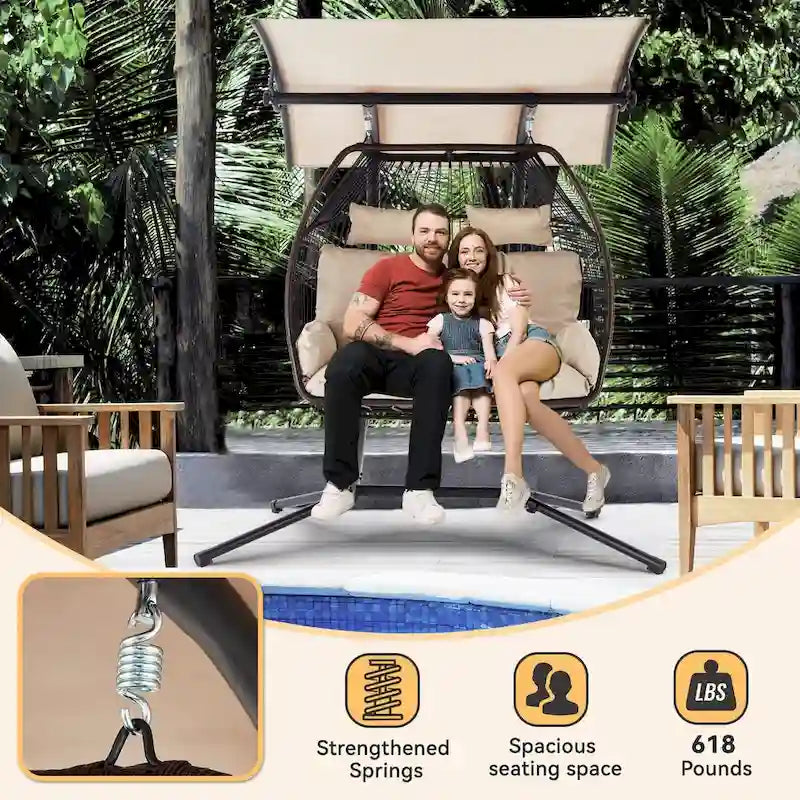 Outdoor Swing Loveseat With Stand, Foldable Hanging Chair, Hammock Cushion And Awning - Beige