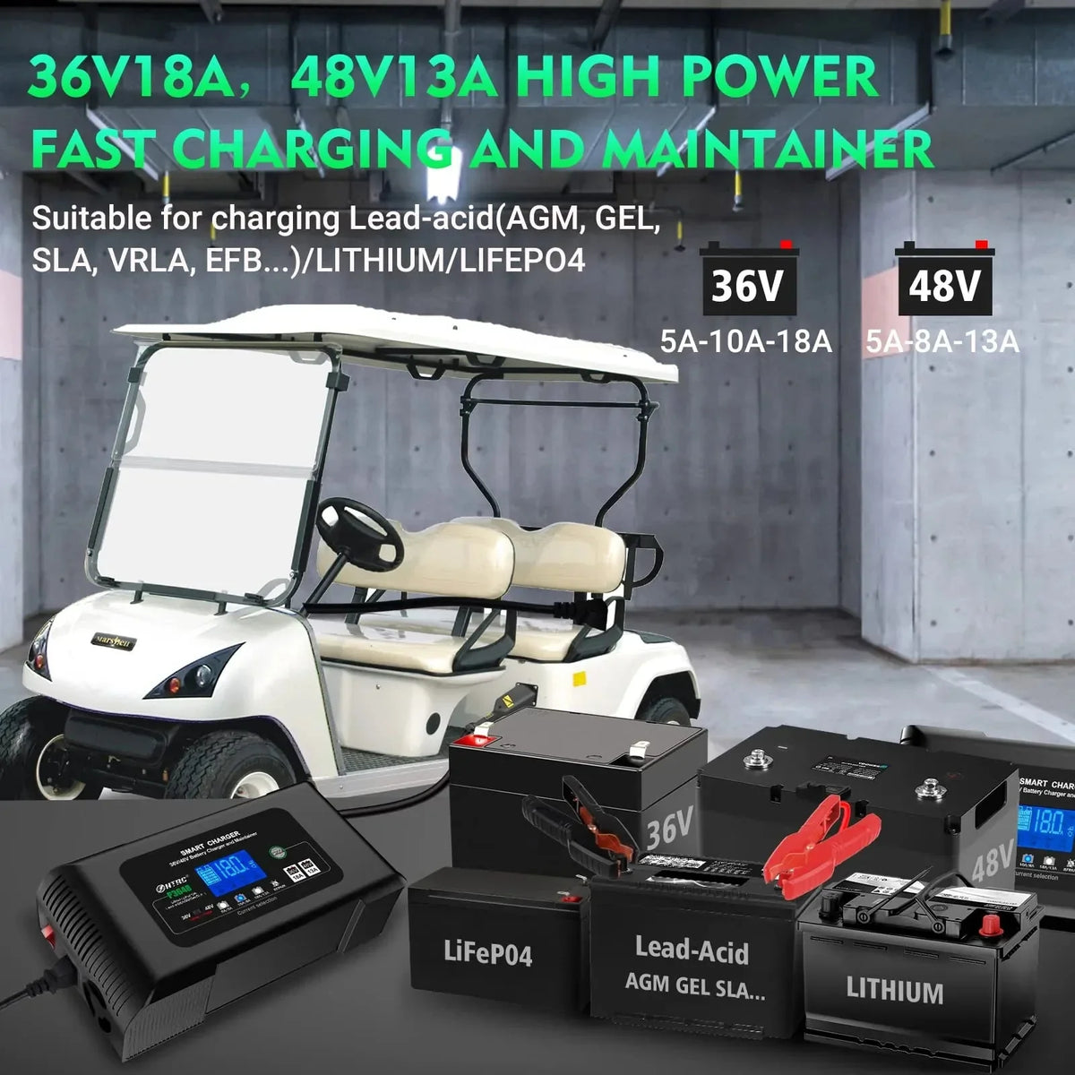 36V 18-Amp And 48V 13-Amp Smart Golf Cart Battery Charger