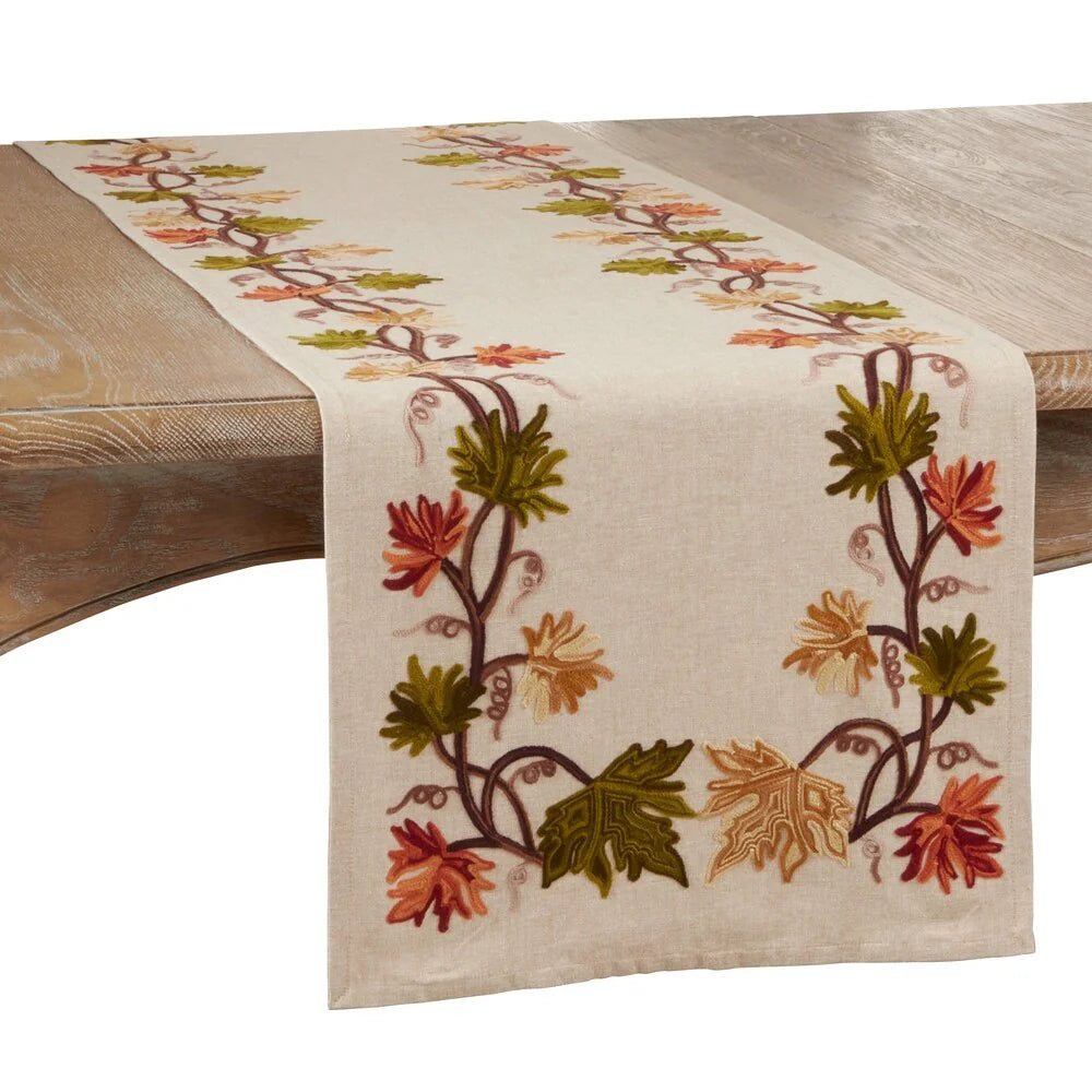 Embroidered Fall Leaf Table Runner 16x72 Inch - Beige