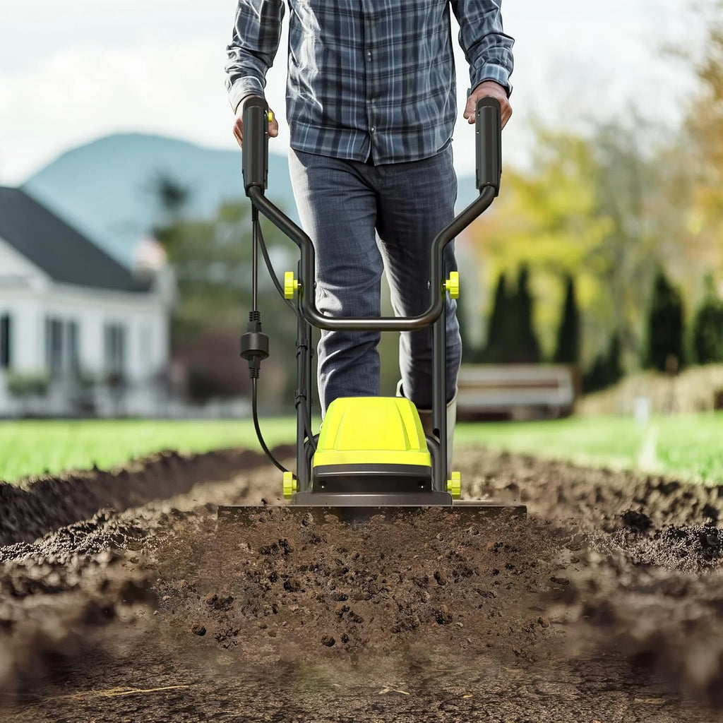 Electric Corded Tiller Cultivator, 15-Amp, 18-Inch Width, 9-Inch Depth, 24 Steel Tines - Green