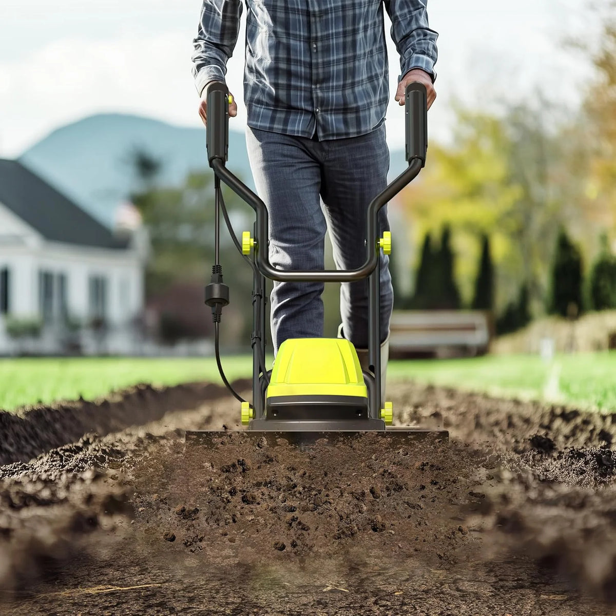 Electric Corded Tiller Cultivator, 15-Amp, 18-Inch Width, 9-Inch Depth, 24 Steel Tines - Green