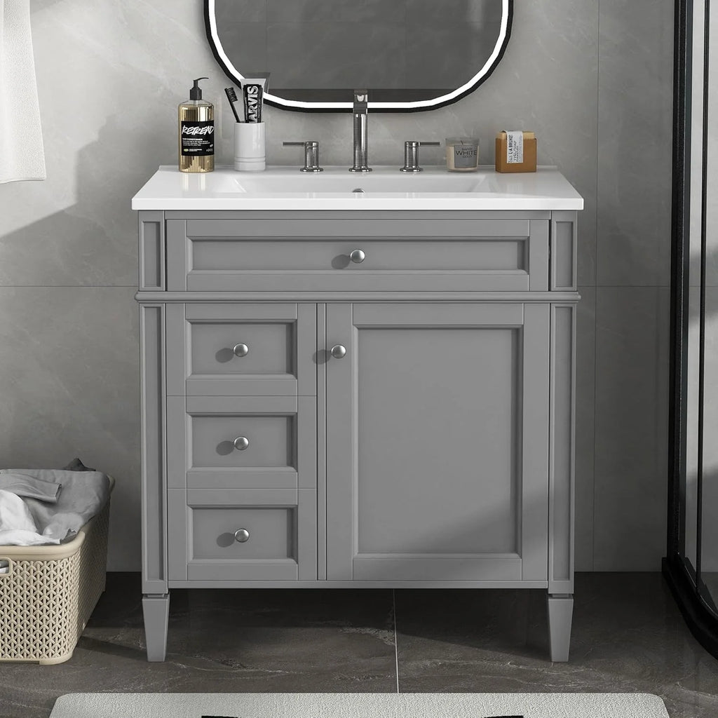 36 Inch Black Bathroom Vanity With Single Sink, 2 Drawers, Solid Wood Frame