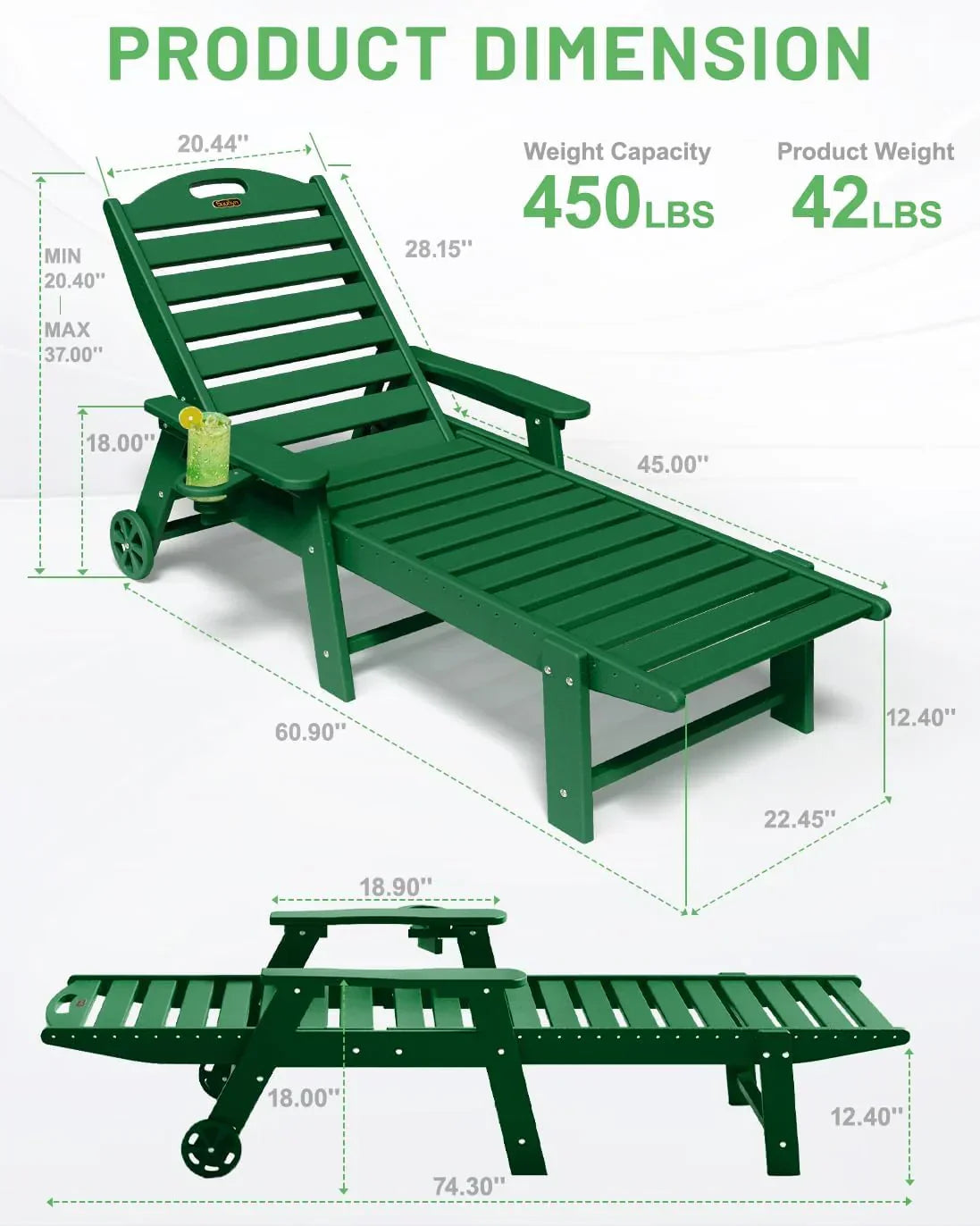 SUUNYN HDPE 6-Position Outdoor Chaise Lounge Chair With Wheels And Cup Holder - Teak