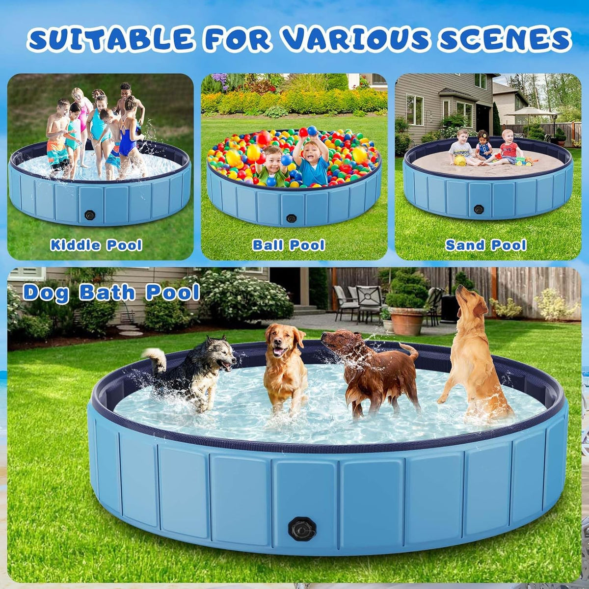 Totiro Foldable Dog Swimming Pool, 120in x 20in, PVC, Blue