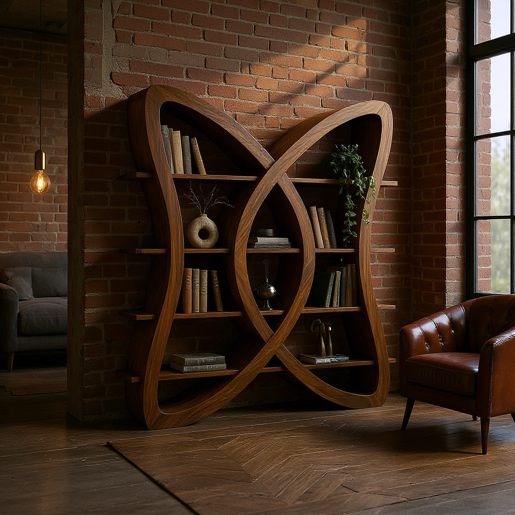 Butterfly Inspired Wooden Bookcase In Organic Style