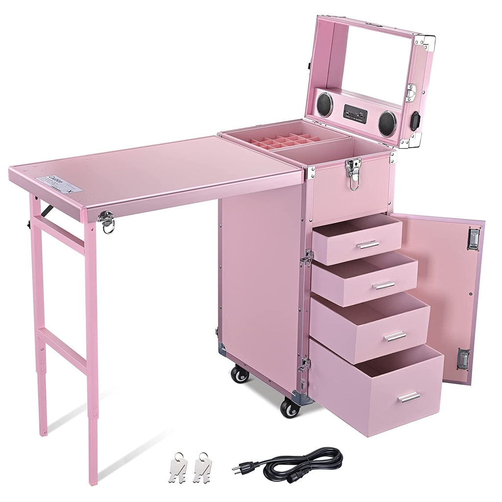 byootique-portable-nail-desk-makeup-train-case-with-mirror-bluetooth-speaker-lockable-drawers-pink-9294