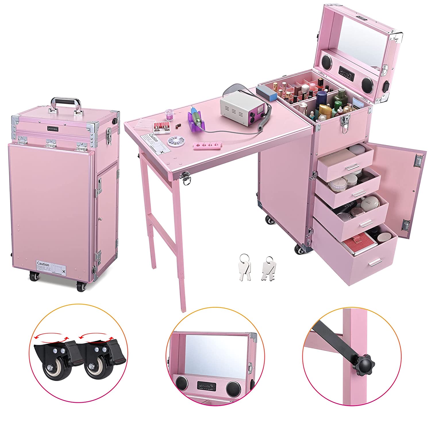byootique-portable-nail-desk-makeup-train-case-with-mirror-bluetooth-speaker-lockable-drawers-pink-9294