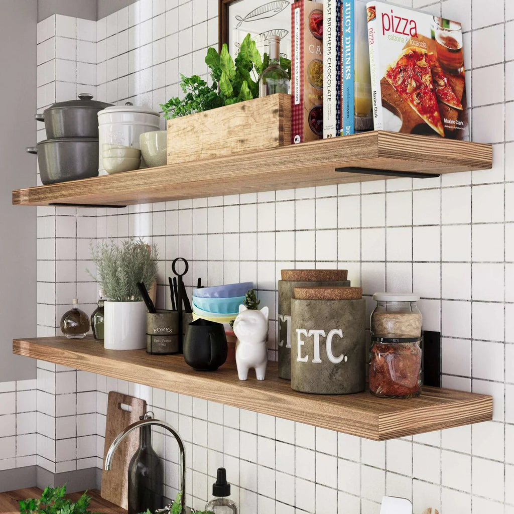 Rustic Floating Wall Shelves, 60 Inch, 2 Piece, Burnt Wood