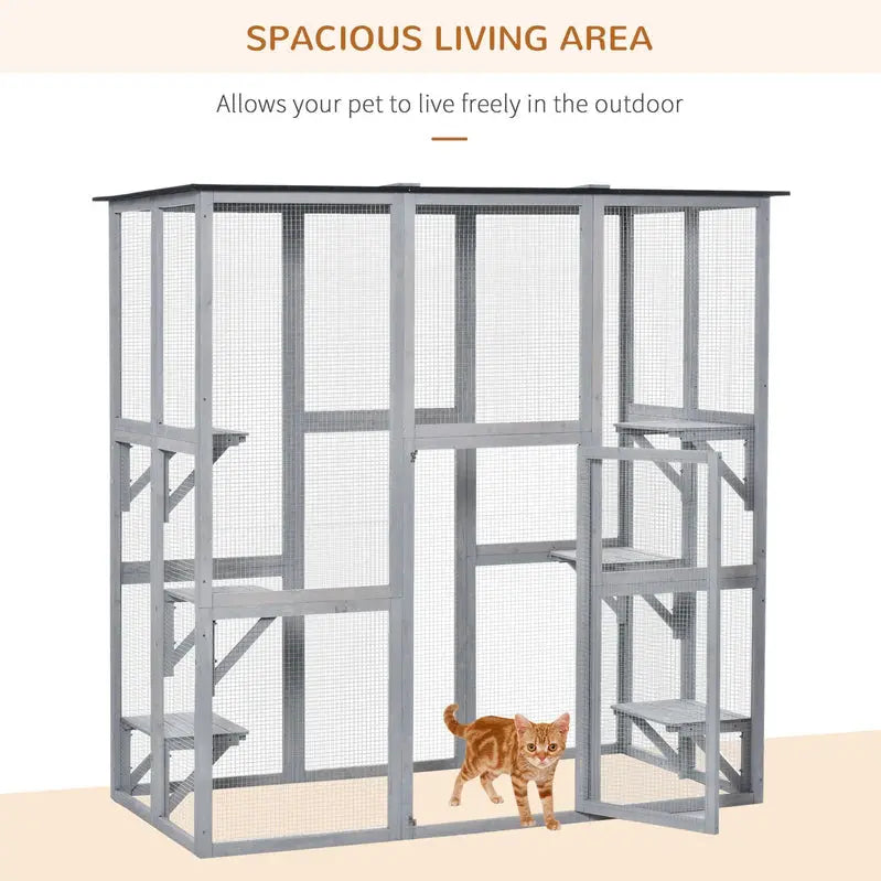 PawHut Wooden Catio Enclosure With 6 Platforms, 71 In. x 38.5 In. x 71 In.