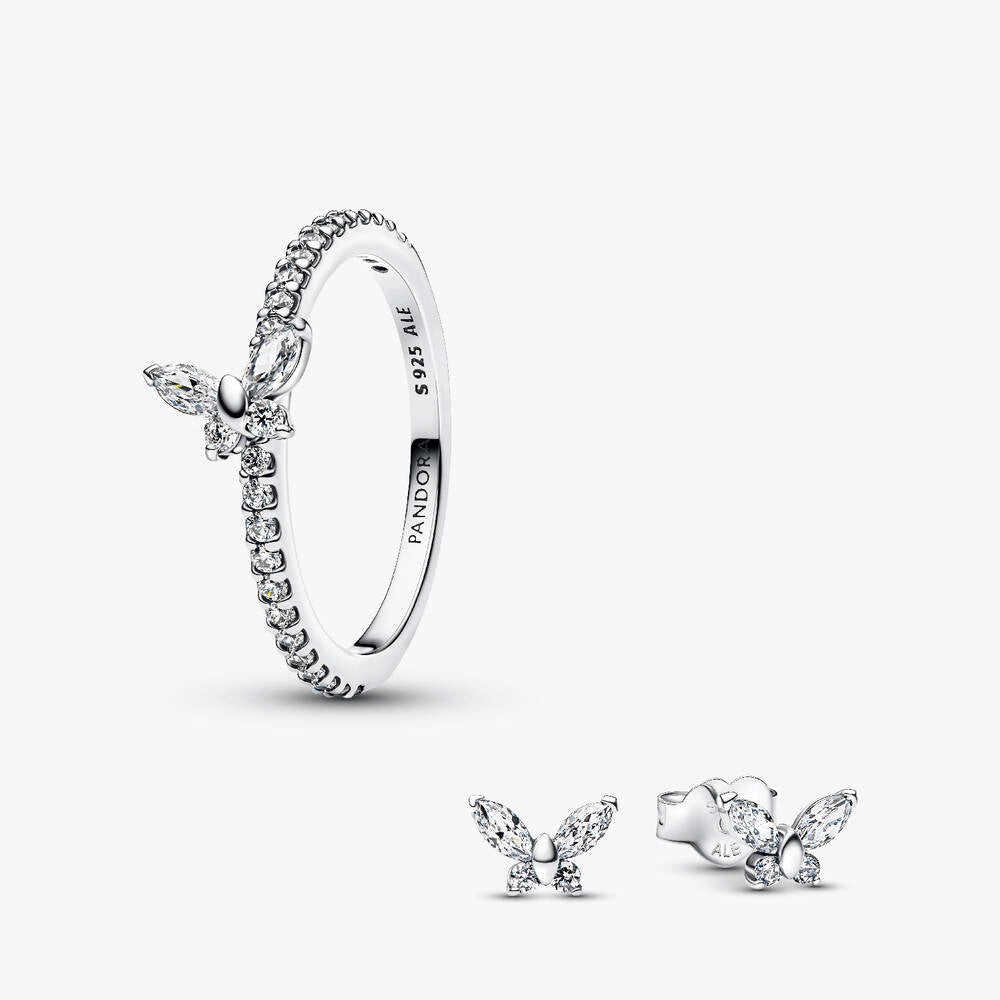 Sparkling Clear Butterfly Ring and Earring Set