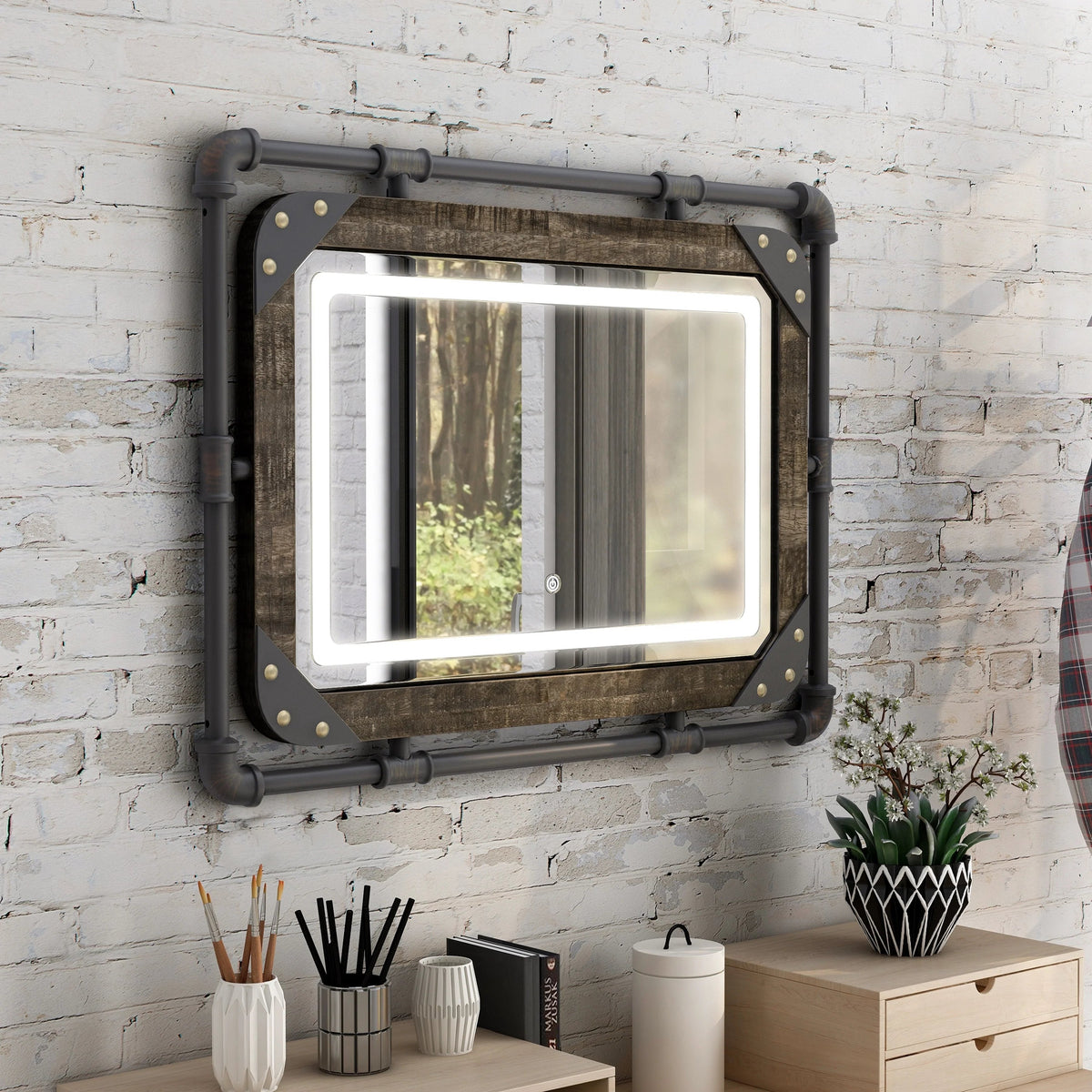 Industrial Metal Wall Mirror With LED Lights, 23.63in H x 31.5in W x 1.5in D