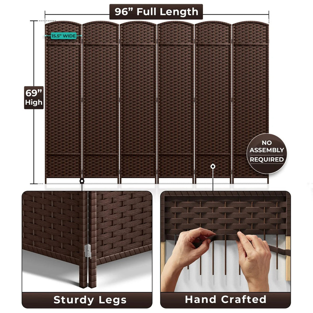 6-Panel Room Divider Privacy Screen With Hand-Woven Mesh Panels - 6 Ft Tall
