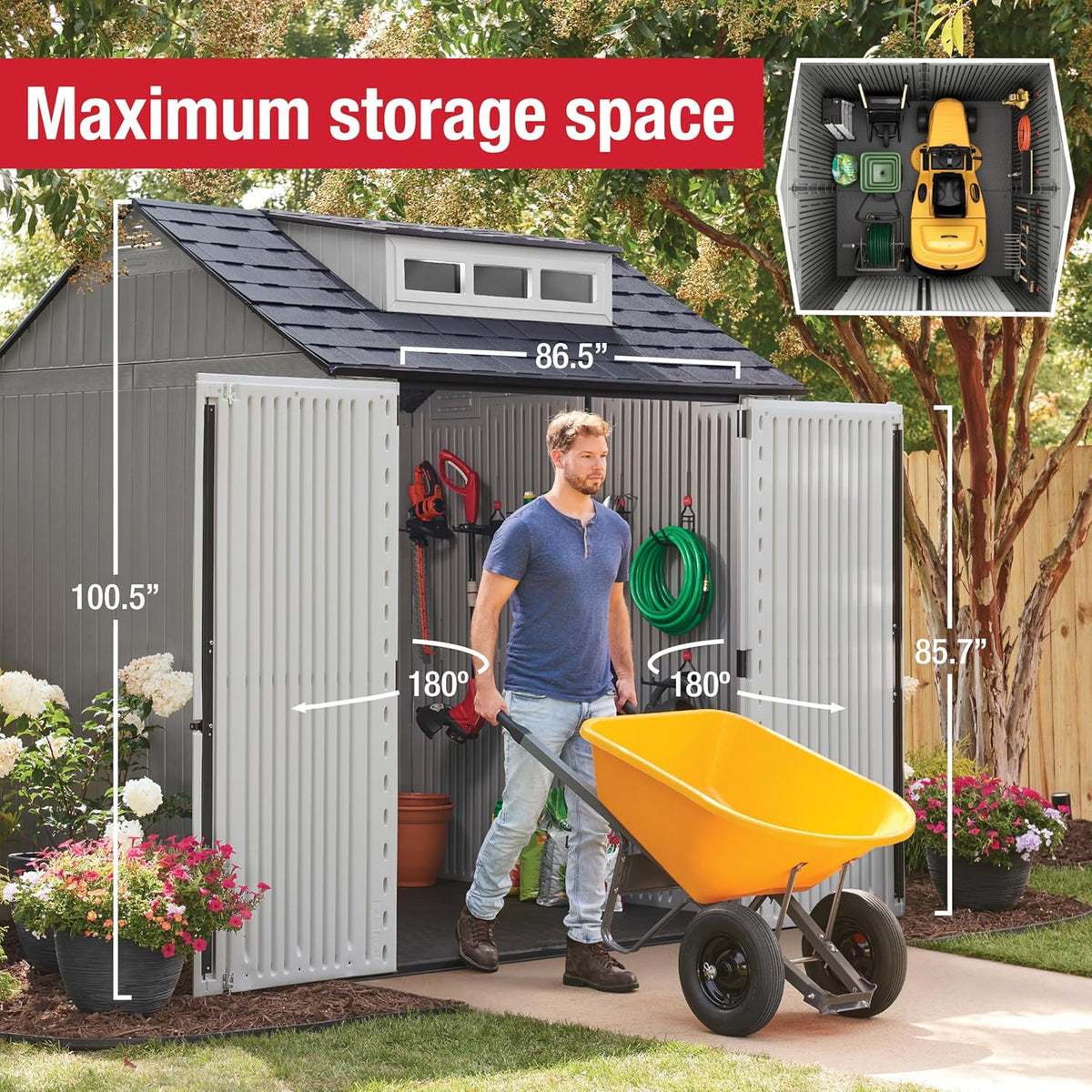 Rubbermaid Resin Outdoor Storage Shed With Floor, 7x7 ft, Gray