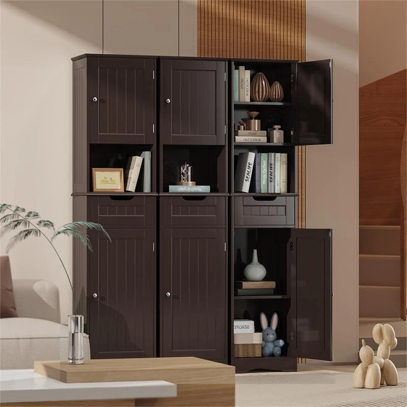 67 Inch Tall Narrow Bathroom Linen Storage Cabinet, 5-Tier Solid Wood Freestanding