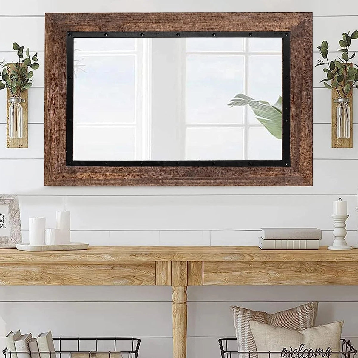 Solid Wood And Iron Framed Wall Mirror - 26 in x 18 in, 32 in x 24 in, 40 in x 26 in, 48 in x 30 in, 53 in x 28 in