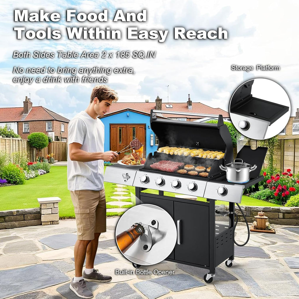 MELLCOM 4 Burner Propane Gas Grill With Cast Iron Grates And Side Stove, 44,000 BTU, Black - BBQ-4+1