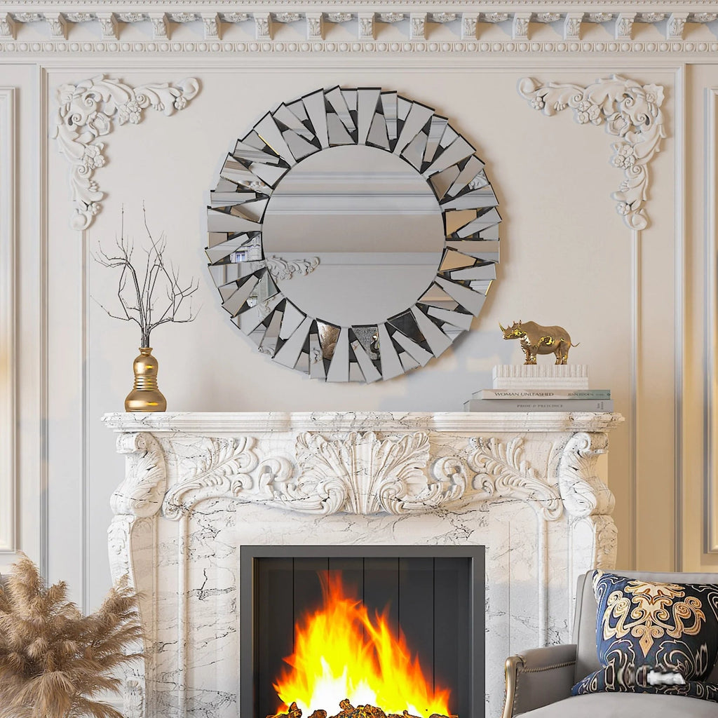 32 Inch Round Sunburst Decorative Wall Mirror, Silver Glass - 31.5 Inch