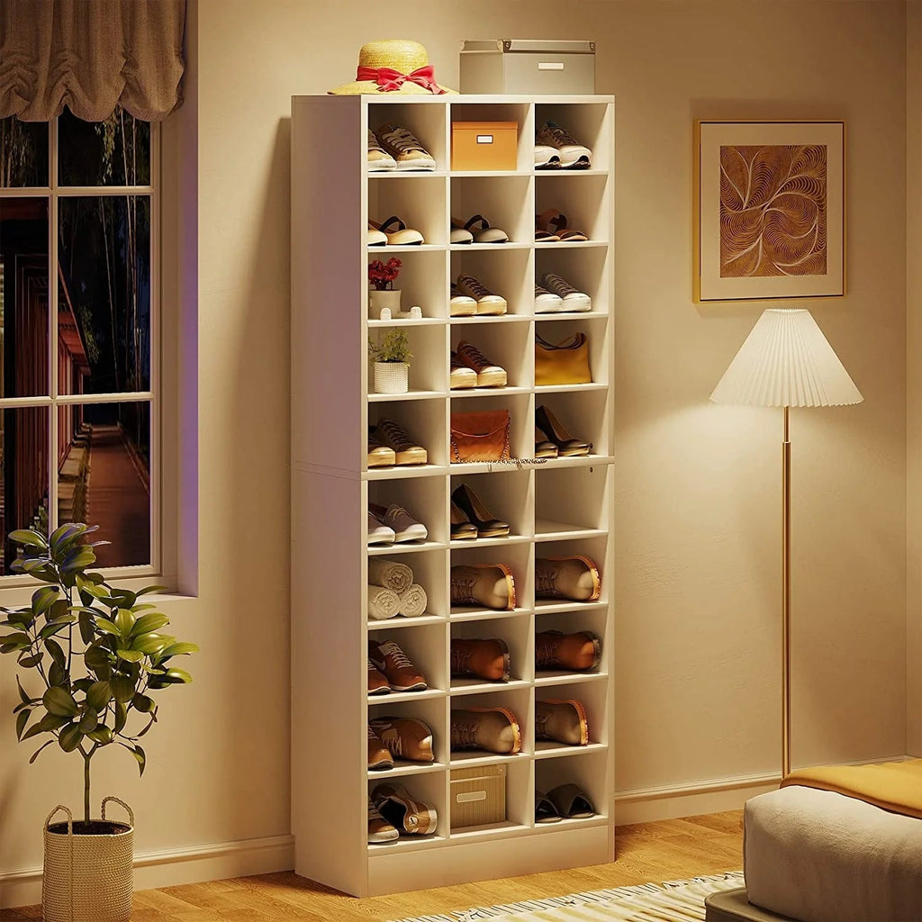 10-Tier Tall Shoe Cabinet, 30-Pair White Engineered Wood Shoe Storage Rack